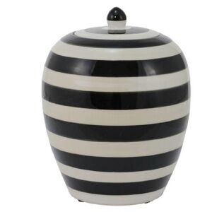 Black and White Striped Ceramic Jar with Lid